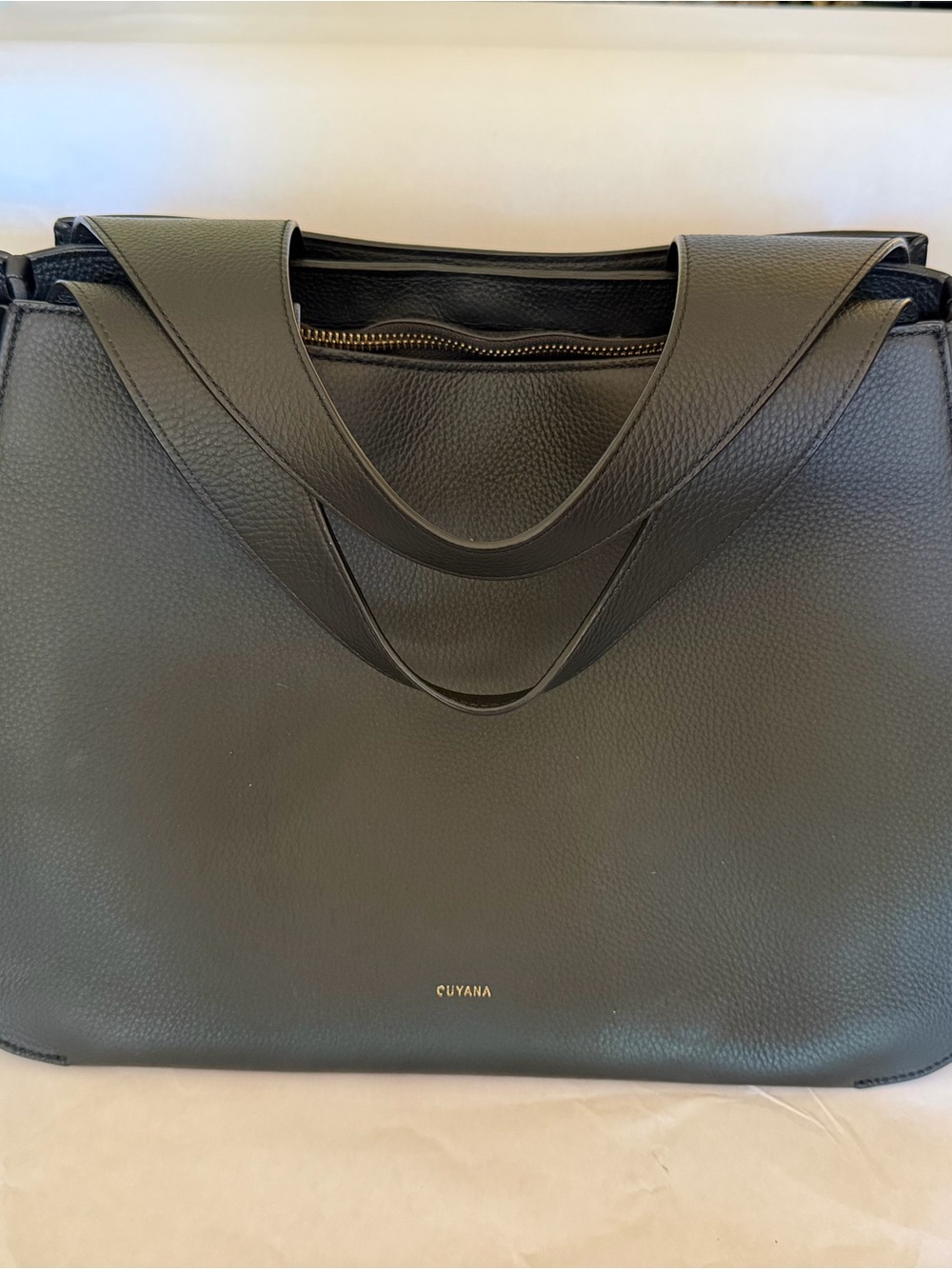 Cuyana Black Pebbled Leather Tote with Gold Logo